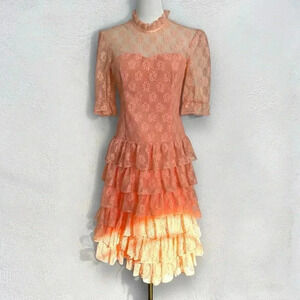 Vintage handmade peachy lace coquette dress S garden  pastel cottage